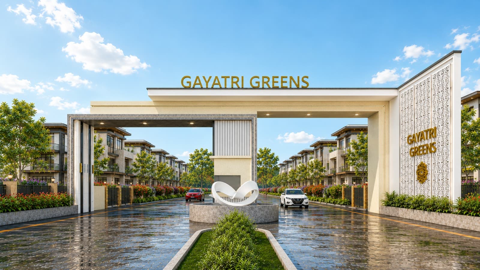 Gayatri Greens grand entrance at golden hour