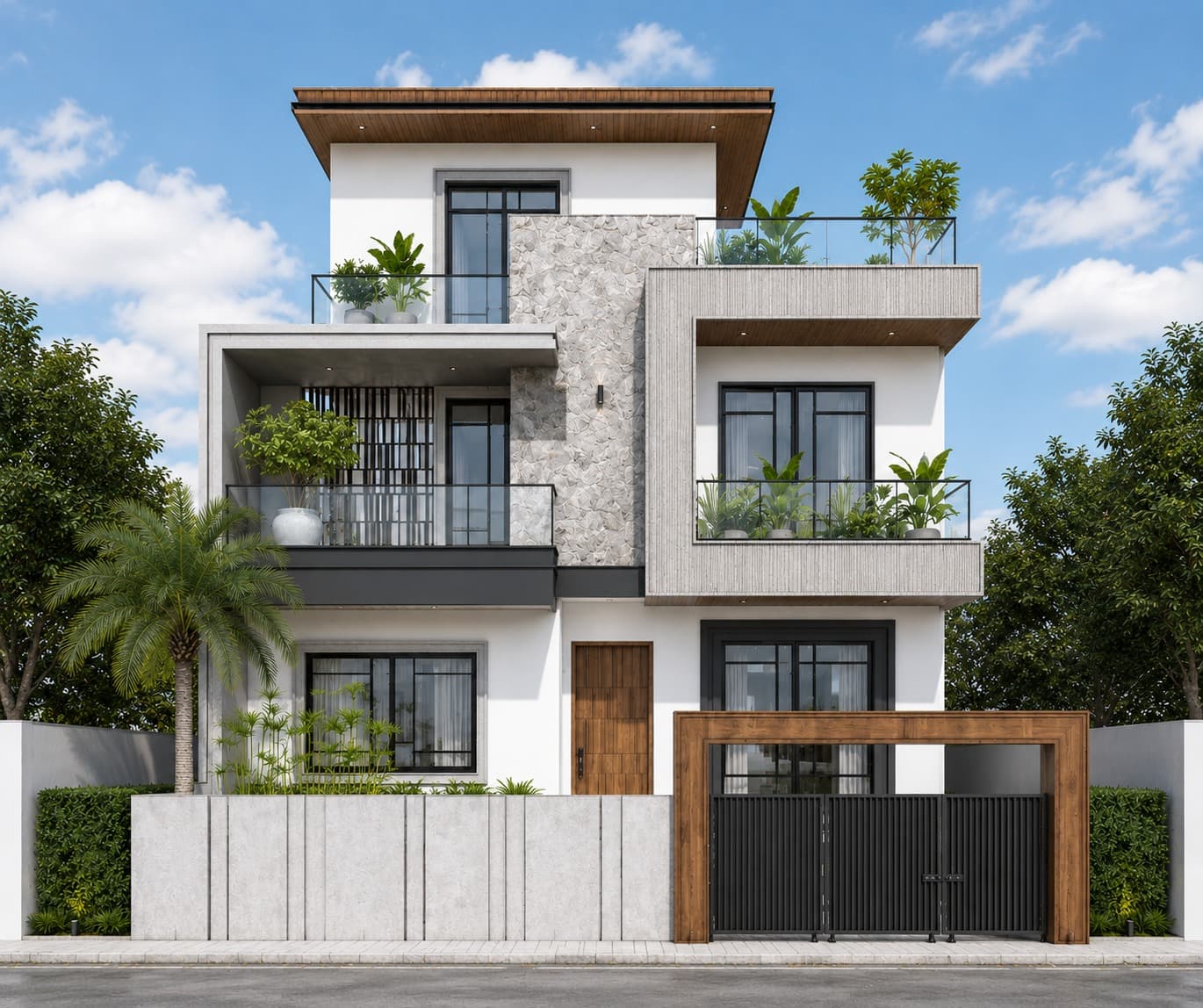 4 BHK villa — stone and wood facade