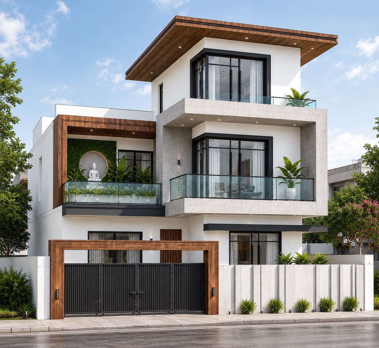 4 BHK villa — garden balcony with Buddha feature