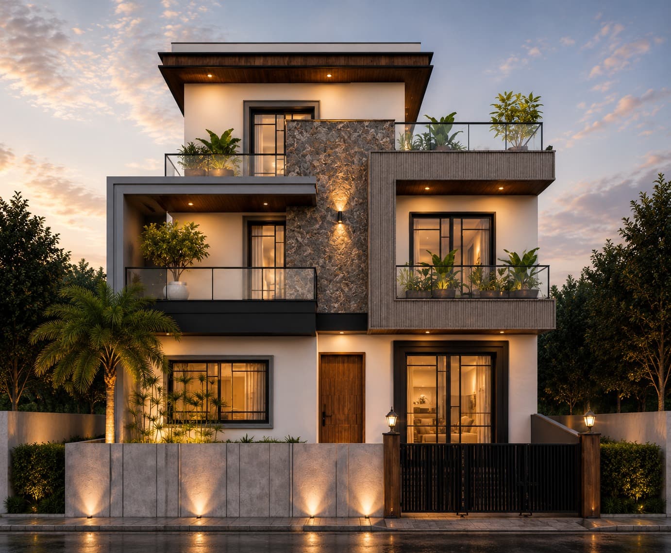 Villa exterior at dusk — warm lighting