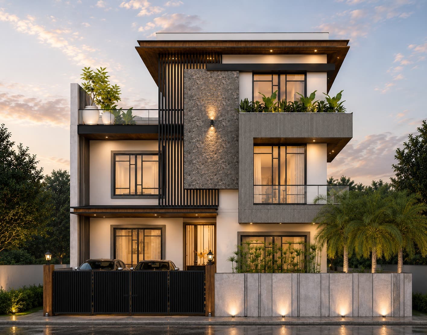 Villa facade at dusk — stone cladding
