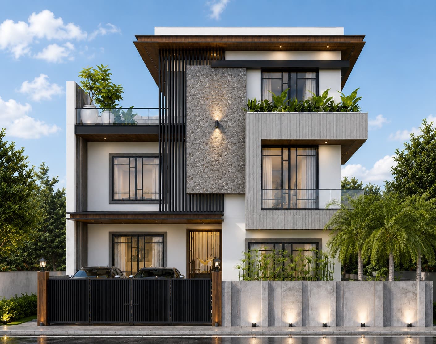 Villa exterior — dark wood and stone elevation