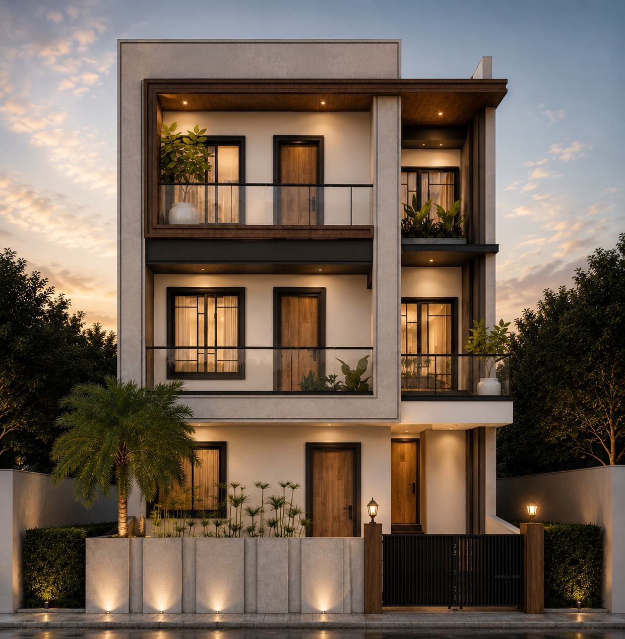 Villa evening view — beige facade with warm glow